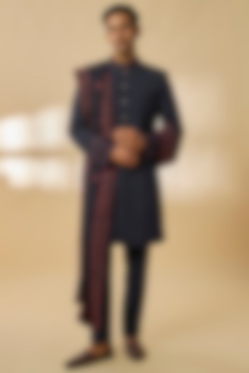 Navy Blue Sandwash Fabric Groom Indowestern Set by Sarab Khanijou at Pernia's Pop Up Shop