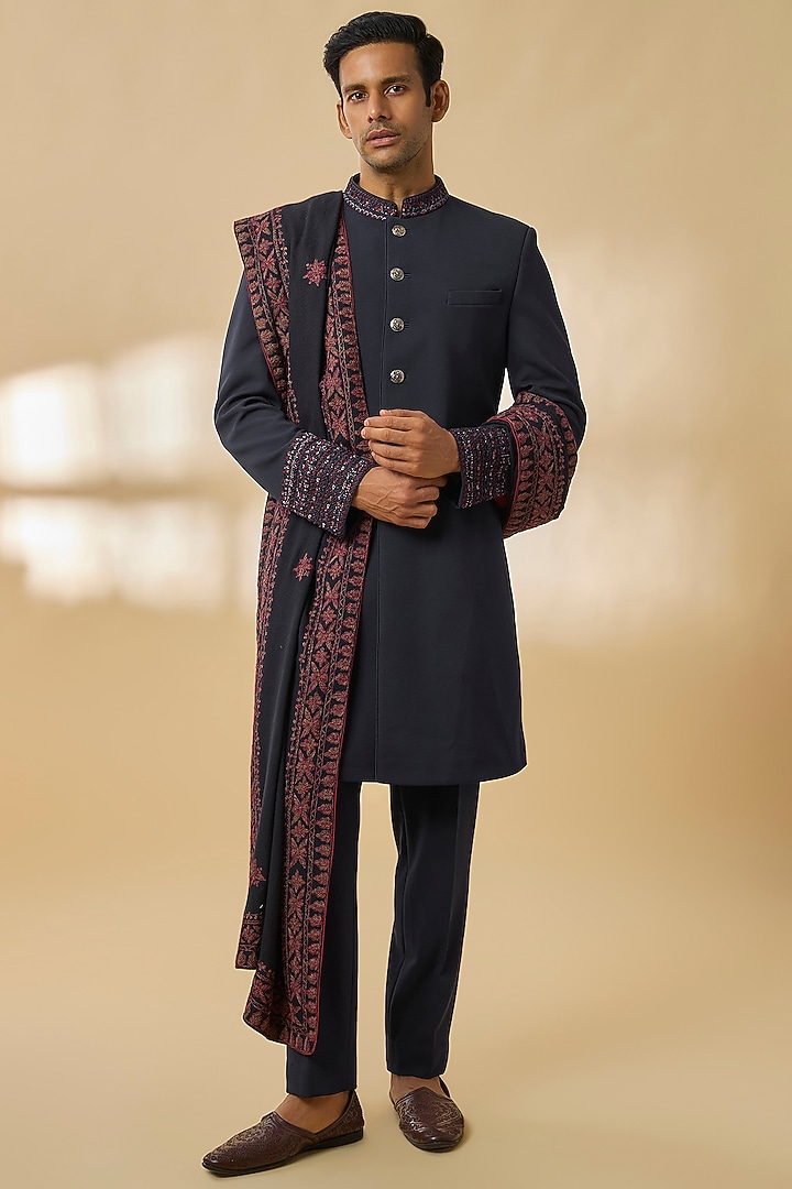 Navy Blue Sandwash Fabric Groom Indowestern Set by Sarab Khanijou at Pernia's Pop Up Shop