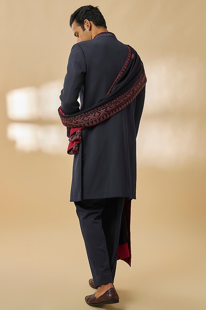 Navy Blue Sandwash Fabric Groom Indowestern Set by Sarab Khanijou at Pernia's Pop Up Shop
