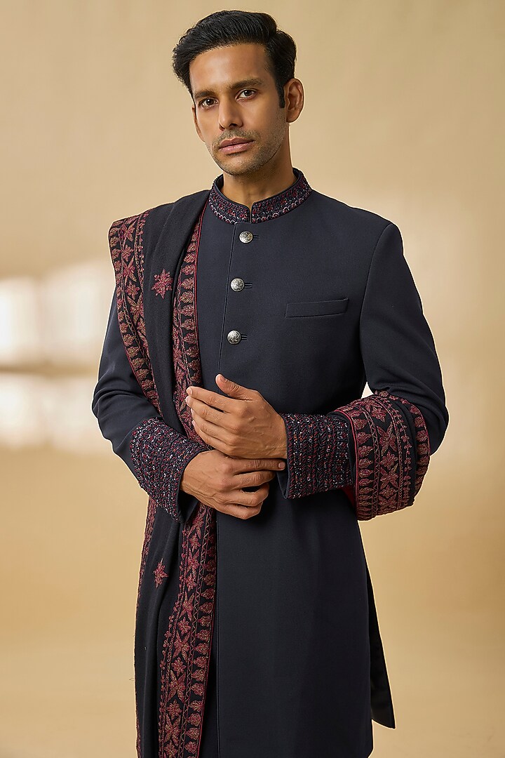 Navy Blue Sandwash Fabric Groom Indowestern Set by Sarab Khanijou at Pernia's Pop Up Shop