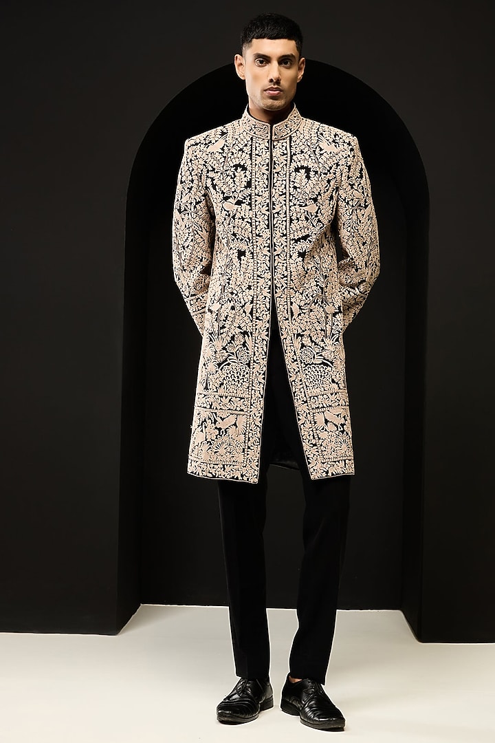 Black Sandwash Fabric Thread Work Groom Indowestern Set by Sarab Khanijou at Pernia's Pop Up Shop