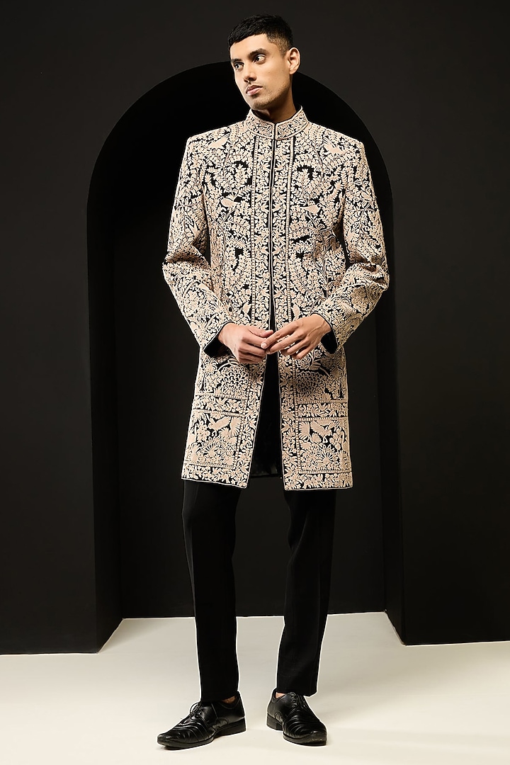 Black Sandwash Fabric Thread Work Groom Indowestern Set by Sarab Khanijou at Pernia's Pop Up Shop