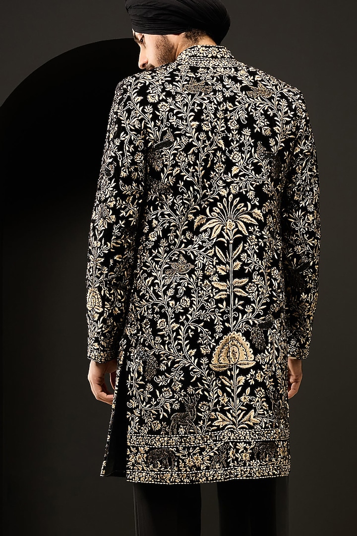 Black Velvet Cutdana Work Groom Indowestern Set by Sarab Khanijou at Pernia's Pop Up Shop