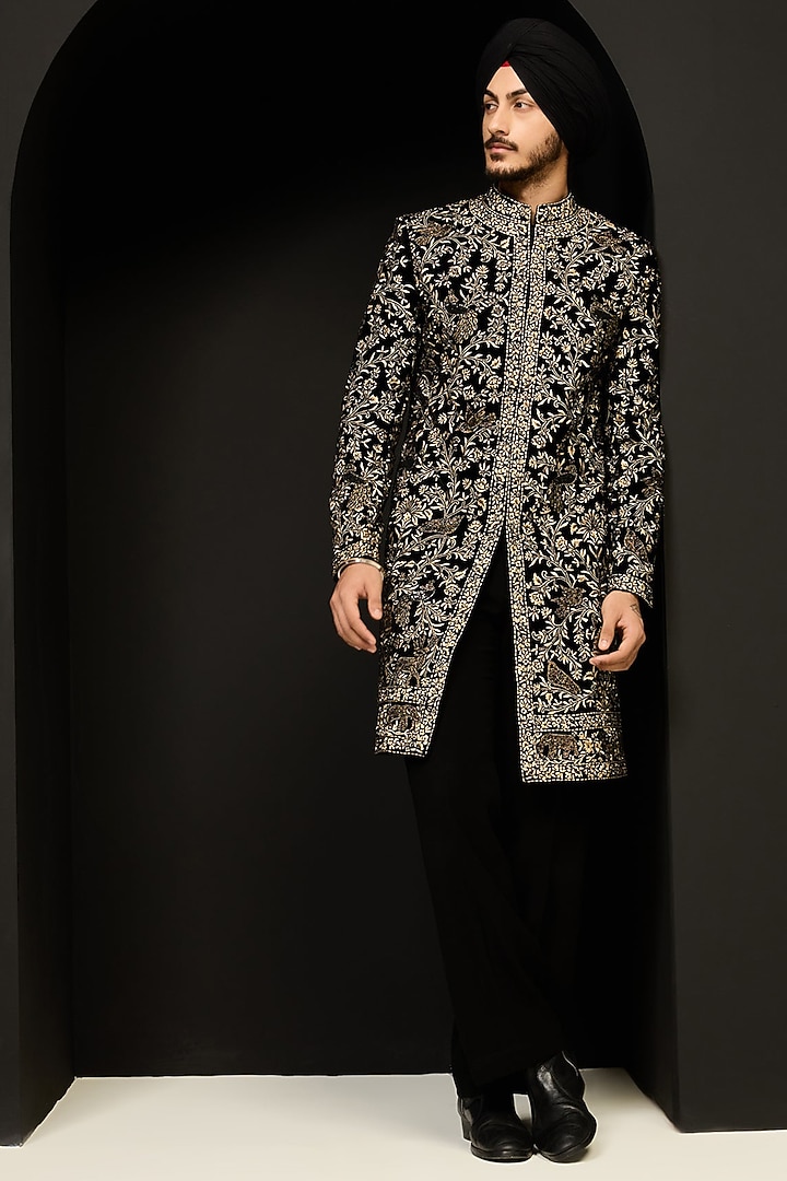 Black Velvet Cutdana Work Groom Indowestern Set by Sarab Khanijou at Pernia's Pop Up Shop