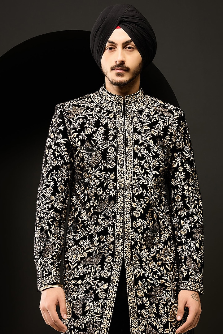 Black Velvet Cutdana Work Groom Indowestern Set by Sarab Khanijou at Pernia's Pop Up Shop