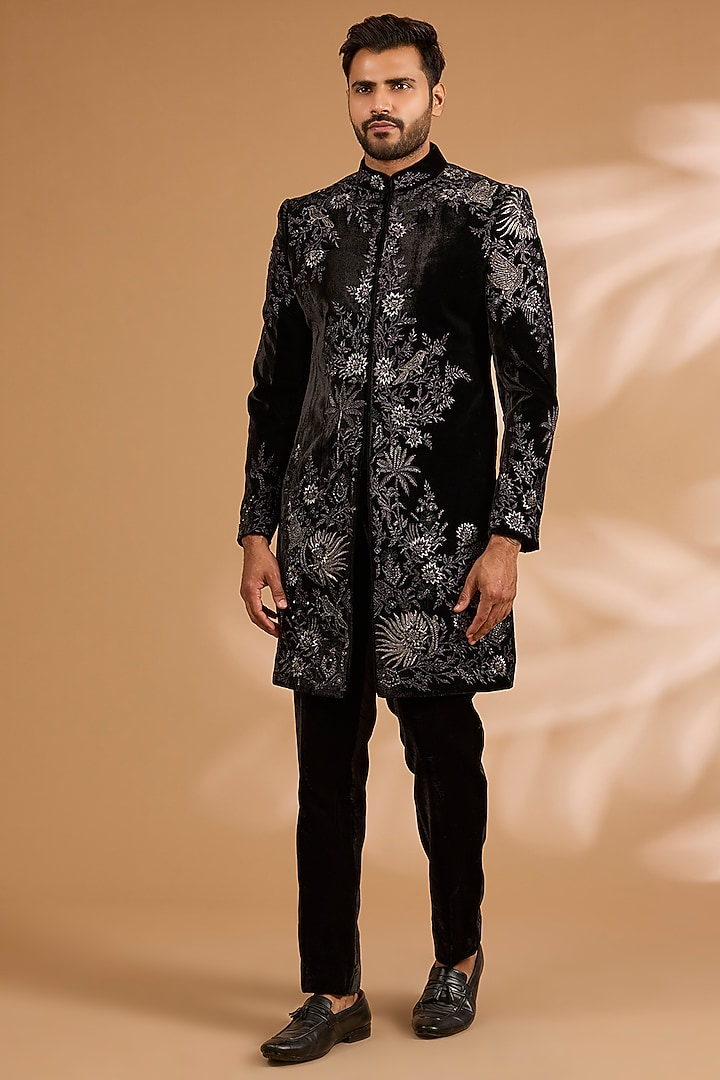 Black Silk Sherwani Set by Sarab Khanijou