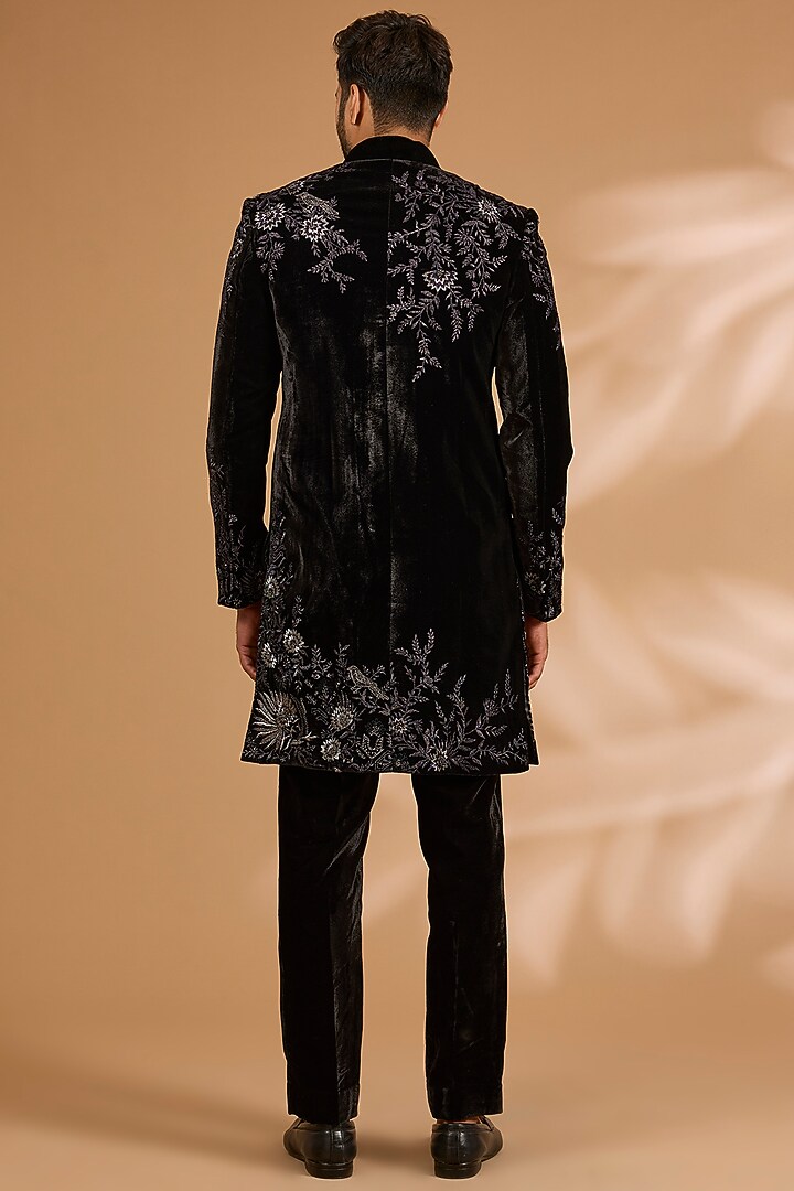 Black Silk Sherwani Set by Sarab Khanijou at Pernia's Pop Up Shop