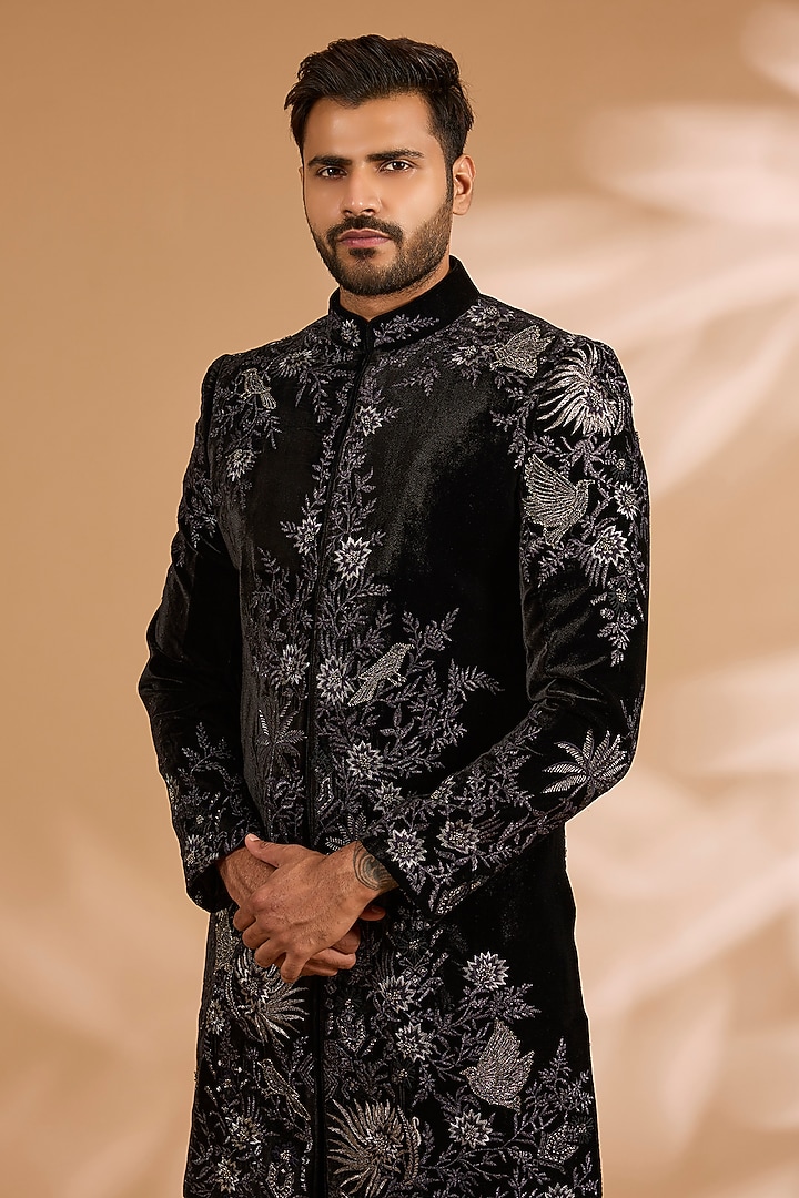 Black Silk Sherwani Set by Sarab Khanijou at Pernia's Pop Up Shop