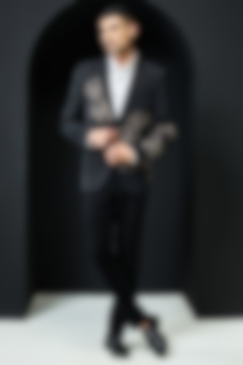 Black Twill Thread Work Blazer Set by Sarab Khanijou at Pernia's Pop Up Shop