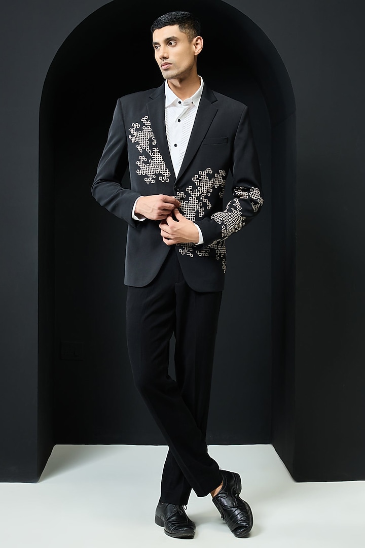 Black Twill Thread Work Blazer Set by Sarab Khanijou at Pernia's Pop Up Shop