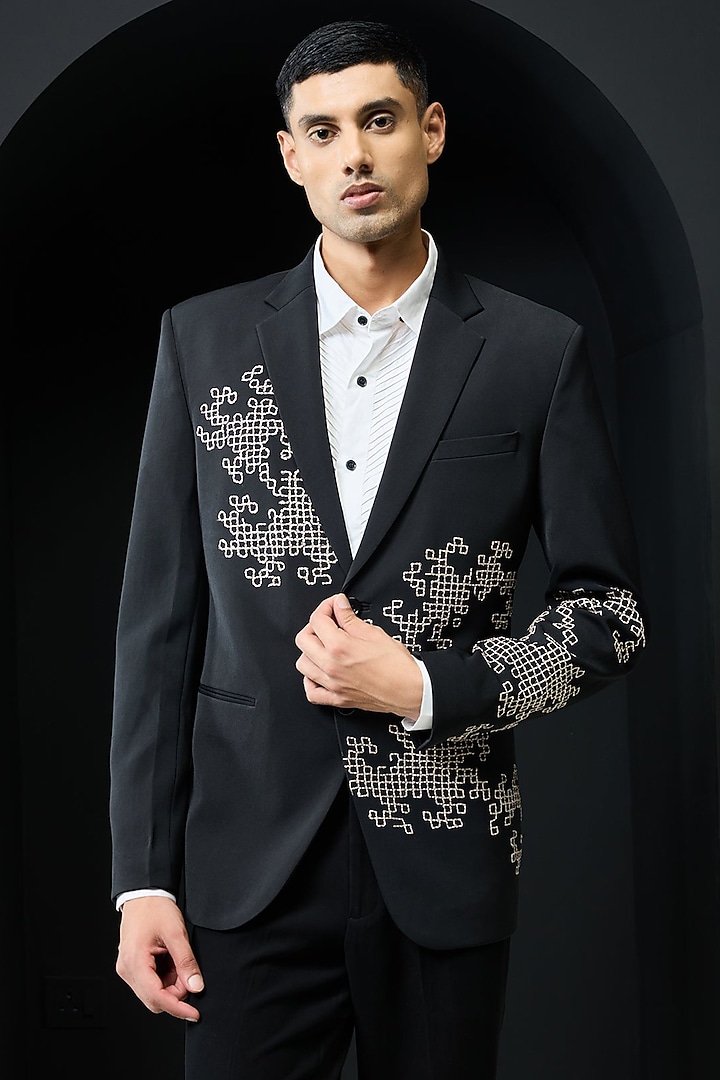 Black Twill Thread Work Blazer Set by Sarab Khanijou at Pernia's Pop Up Shop