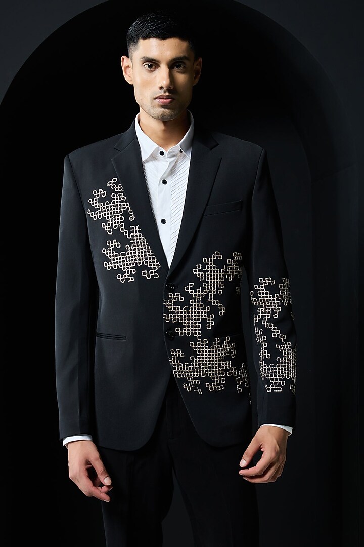 Black Twill Thread Work Blazer Set by Sarab Khanijou at Pernia's Pop Up Shop