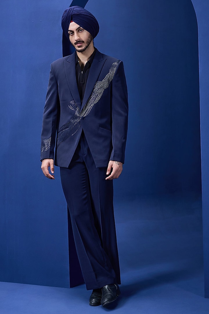 Navy Blue Twill Zari Work Blazer Set by Sarab Khanijou at Pernia's Pop Up Shop