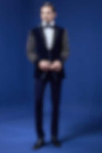Navy Blue Velvet Pearl Embroidered Tuxedo Set by Sarab Khanijou at Pernia's Pop Up Shop