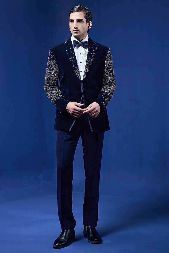 Navy Blue Velvet Pearl Embroidered Tuxedo Set by Sarab Khanijou at Pernia's Pop Up Shop