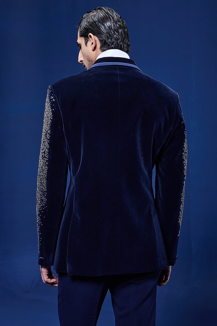 Navy Blue Velvet Pearl Embroidered Tuxedo Set by Sarab Khanijou at Pernia's Pop Up Shop