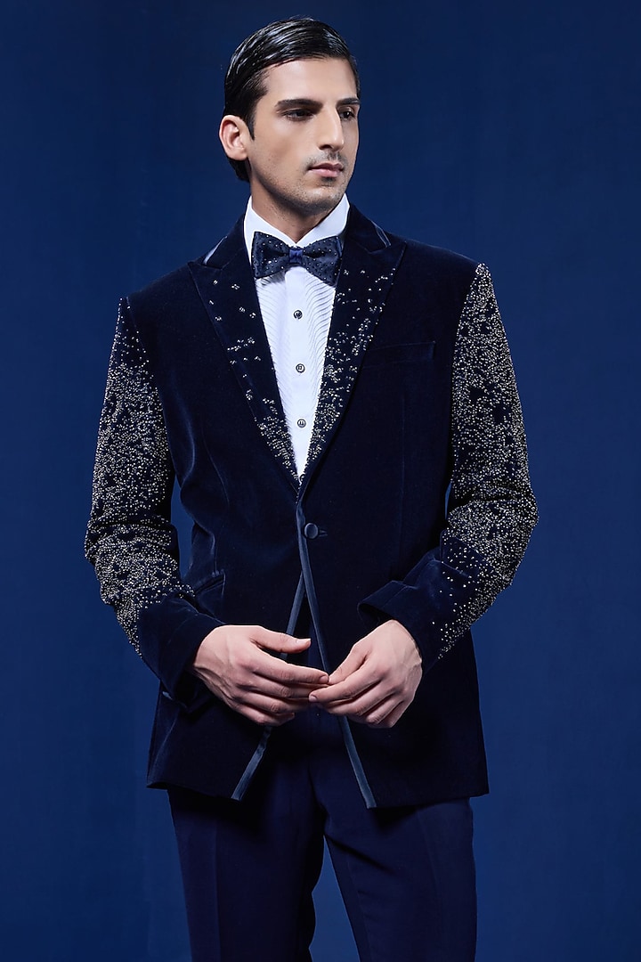 Navy Blue Velvet Pearl Embroidered Tuxedo Set by Sarab Khanijou at Pernia's Pop Up Shop