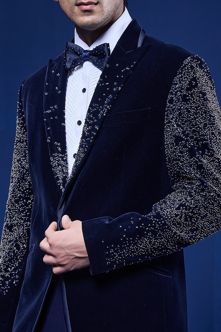 Navy Blue Velvet Pearl Embroidered Tuxedo Set by Sarab Khanijou at Pernia's Pop Up Shop