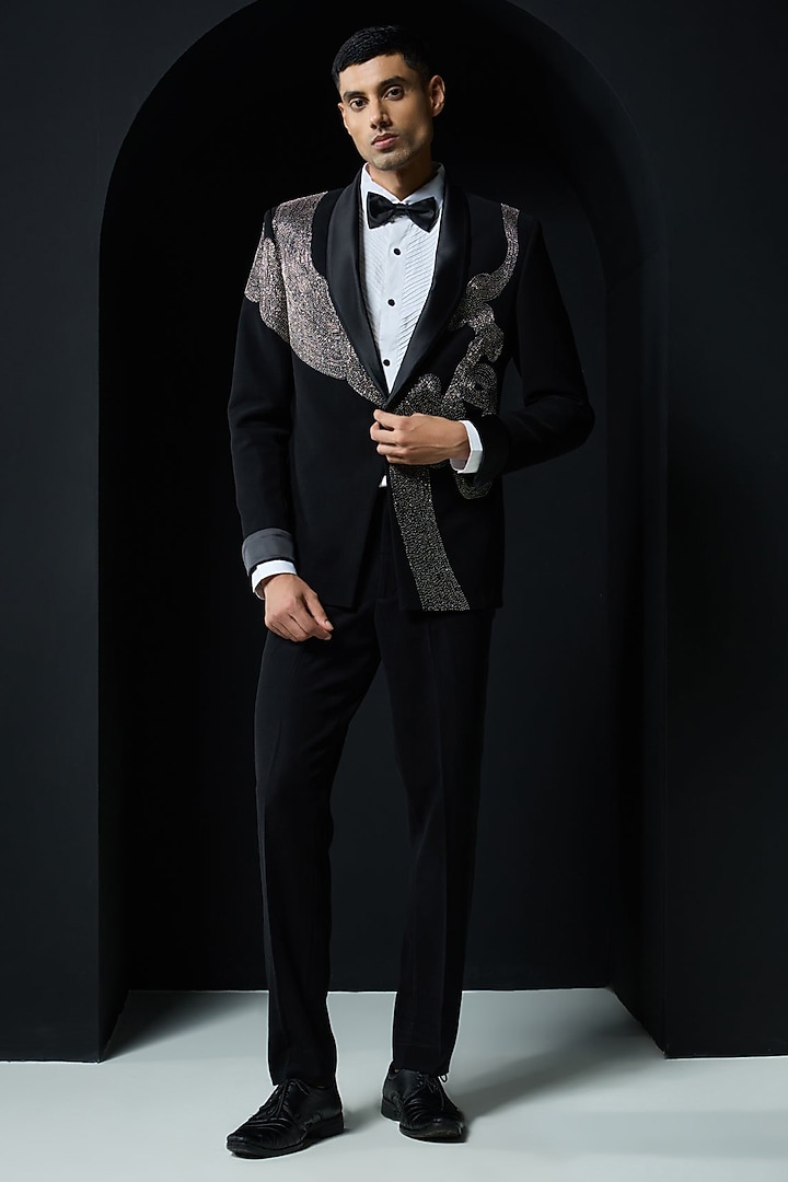 Black Sandwash Cutdana Embroidered Tuxedo Set by Sarab Khanijou at Pernia's Pop Up Shop
