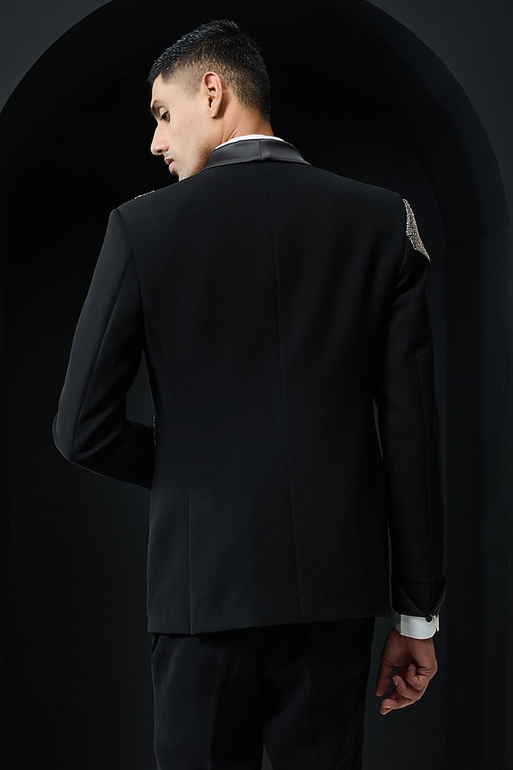 Black Sandwash Cutdana Embroidered Tuxedo Set by Sarab Khanijou at Pernia's Pop Up Shop