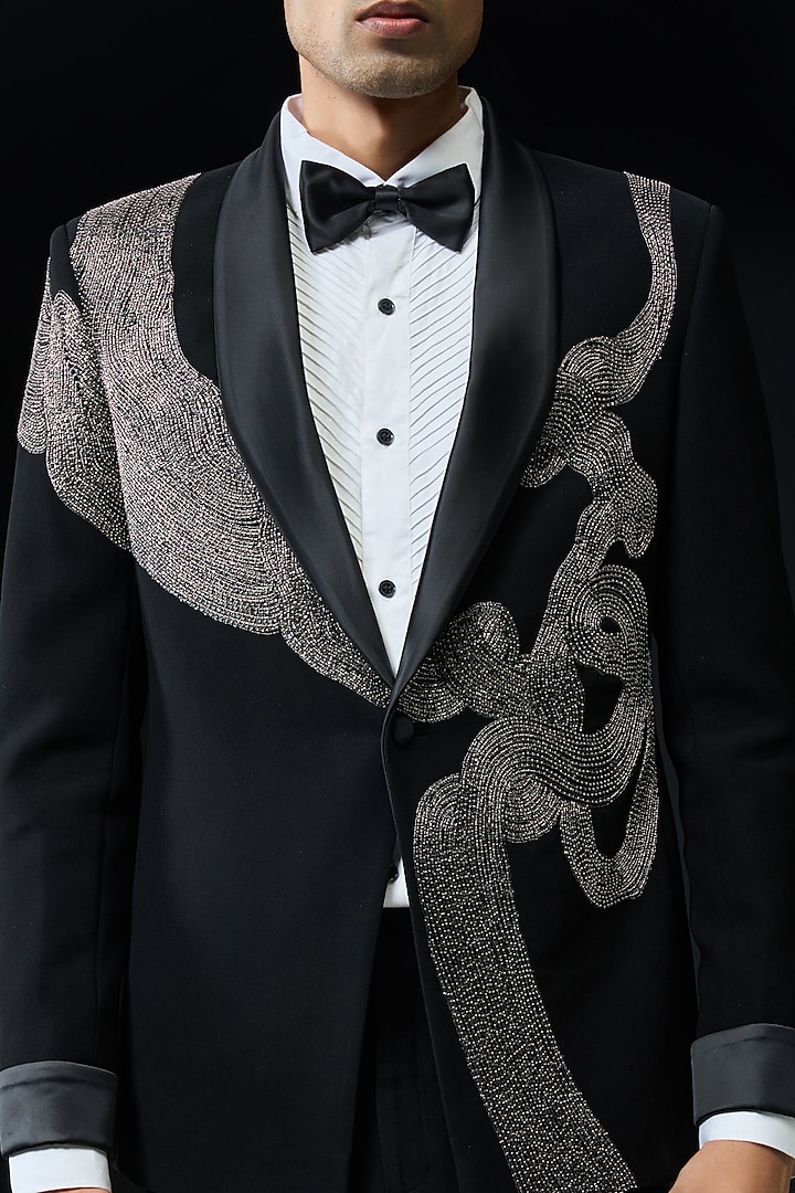 Black Sandwash Cutdana Embroidered Tuxedo Set by Sarab Khanijou at Pernia's Pop Up Shop