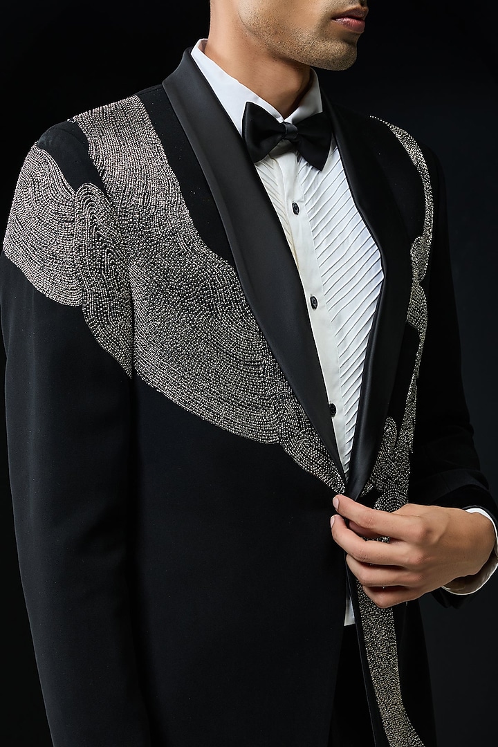 Black Sandwash Cutdana Embroidered Tuxedo Set by Sarab Khanijou at Pernia's Pop Up Shop