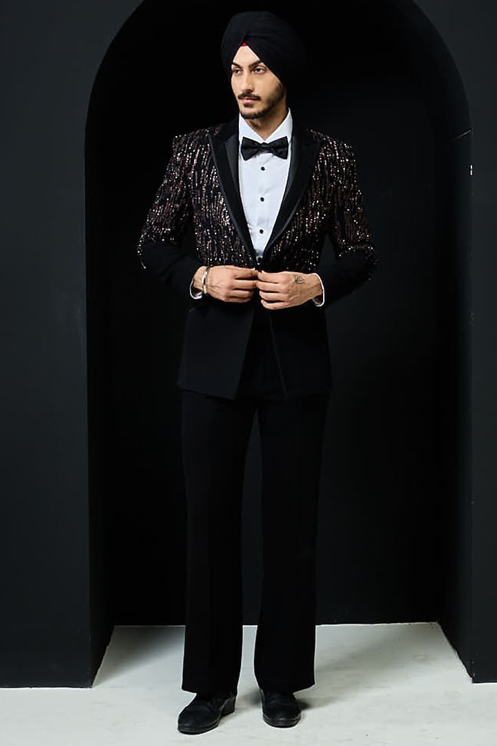 Black Sandwash Pearl Embroidered Tuxedo Set by Sarab Khanijou at Pernia's Pop Up Shop