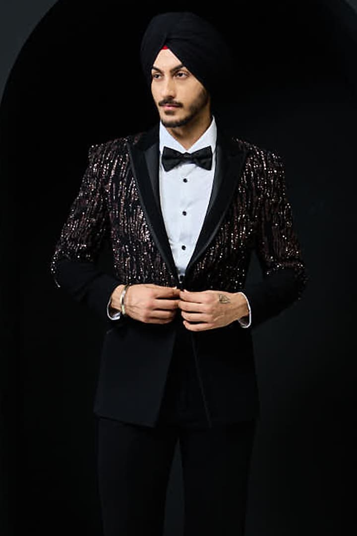 Black Sandwash Pearl Embroidered Tuxedo Set by Sarab Khanijou at Pernia's Pop Up Shop