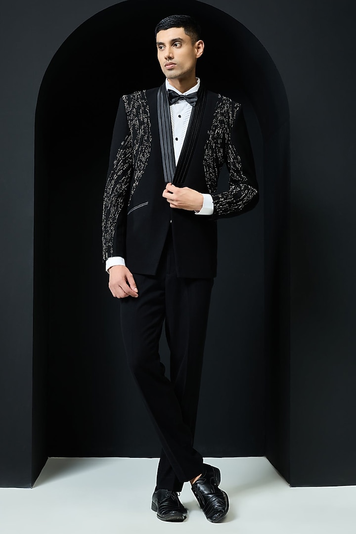 Black Sandwash Cutdana Embroidered Tuxedo Set by Sarab Khanijou at Pernia's Pop Up Shop