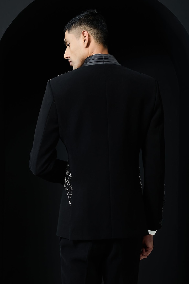 Black Sandwash Cutdana Embroidered Tuxedo Set by Sarab Khanijou at Pernia's Pop Up Shop