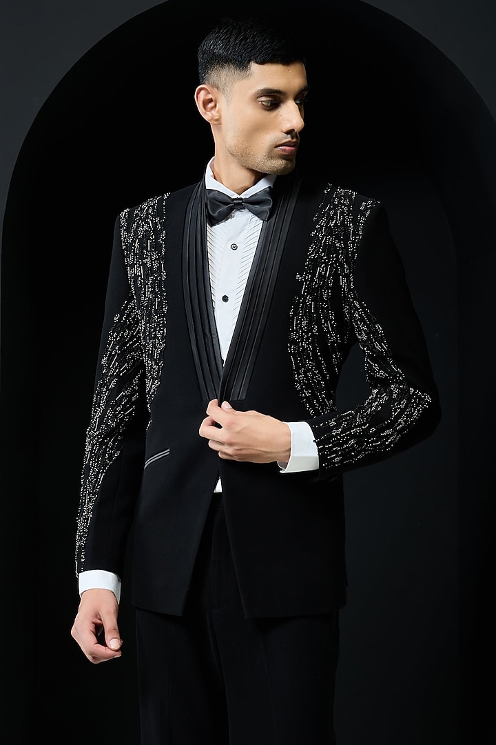 Black Sandwash Cutdana Embroidered Tuxedo Set by Sarab Khanijou at Pernia's Pop Up Shop
