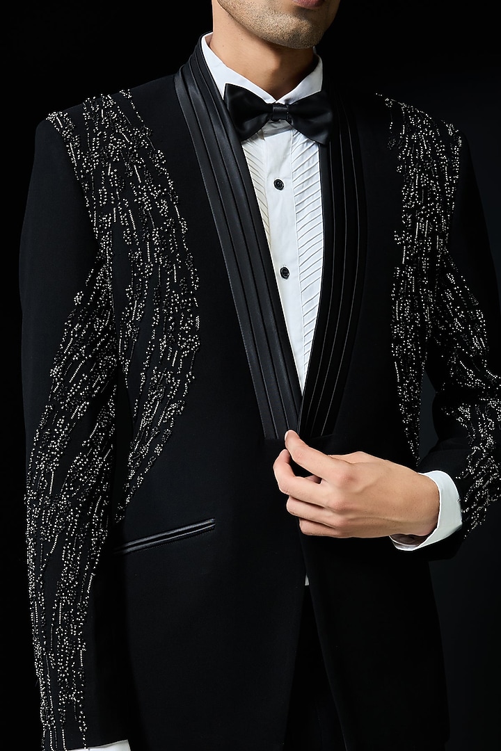 Black Sandwash Cutdana Embroidered Tuxedo Set by Sarab Khanijou at Pernia's Pop Up Shop