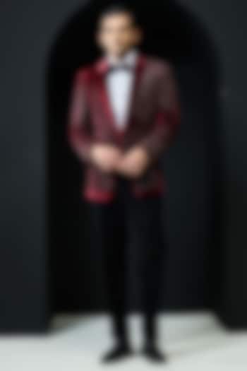 Wine Velvet Pearl Embroidered Tuxedo Set by Sarab Khanijou at Pernia's Pop Up Shop