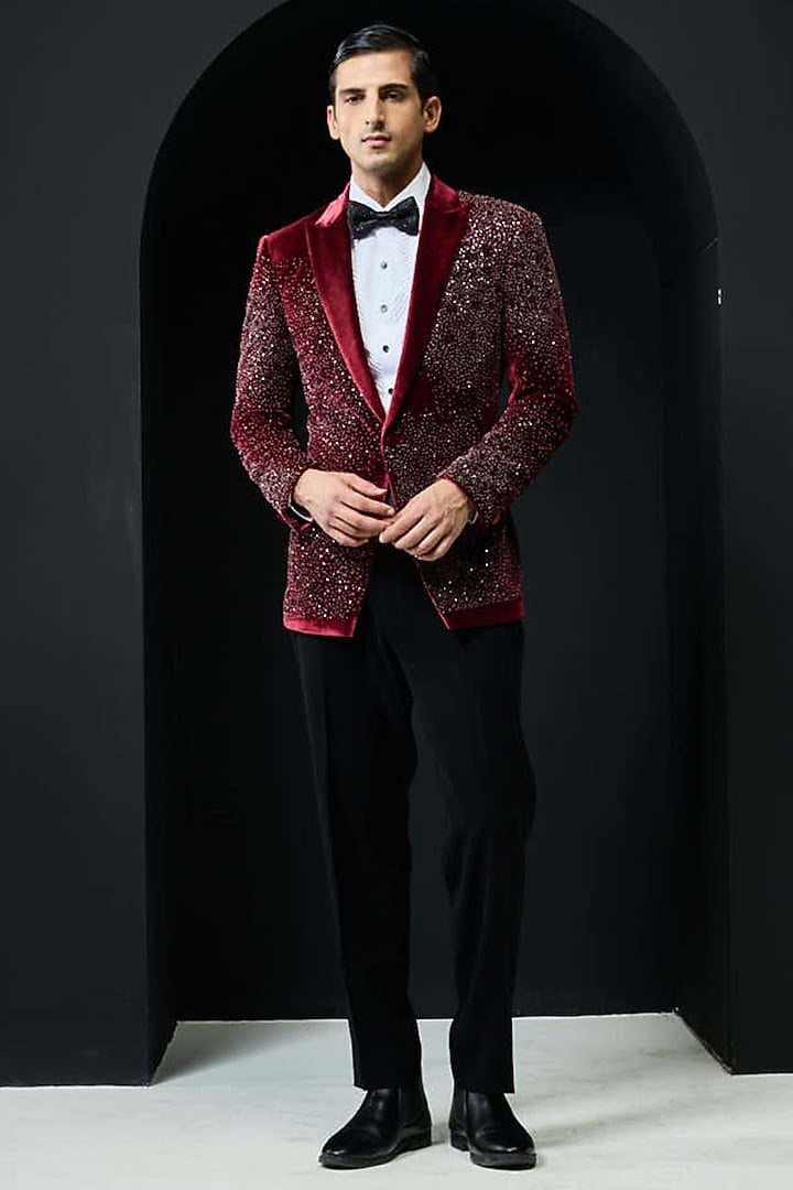 Wine Velvet Pearl Embroidered Tuxedo Set by Sarab Khanijou at Pernia's Pop Up Shop