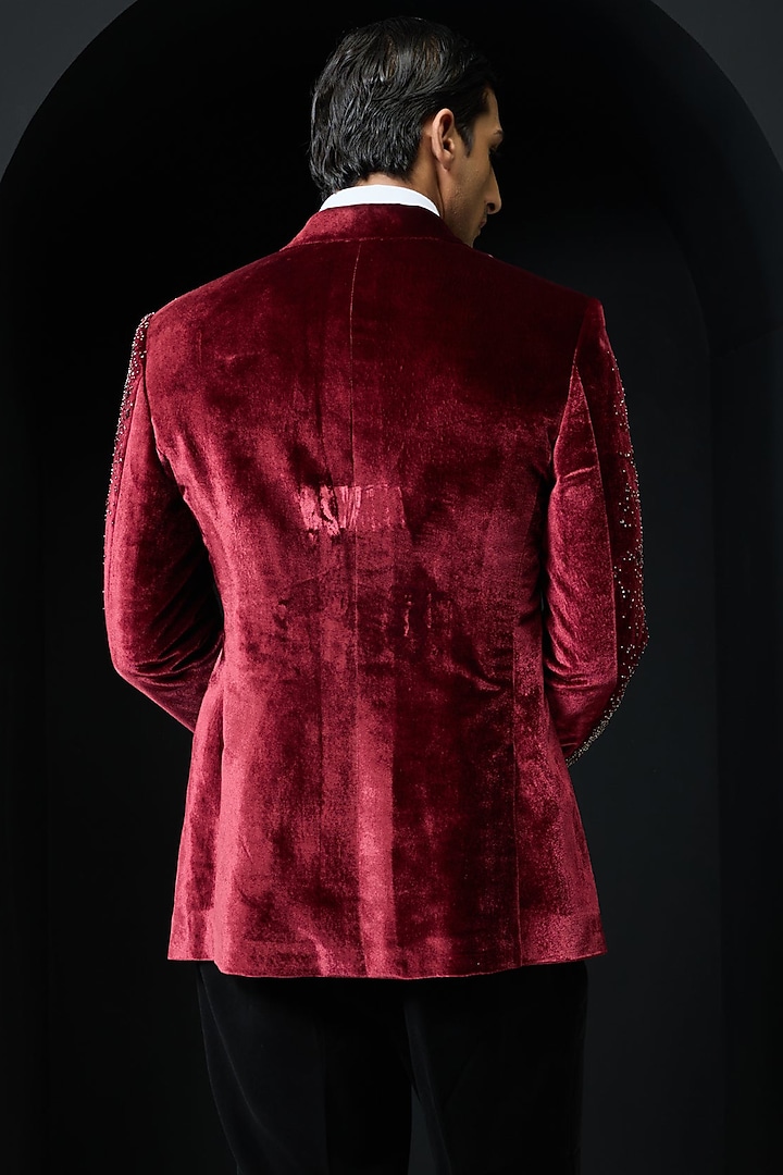 Wine Velvet Pearl Embroidered Tuxedo Set by Sarab Khanijou at Pernia's Pop Up Shop