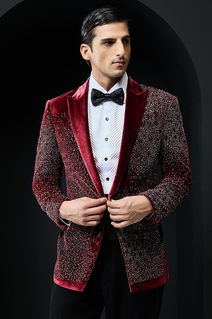 Wine Velvet Pearl Embroidered Tuxedo Set by Sarab Khanijou at Pernia's Pop Up Shop