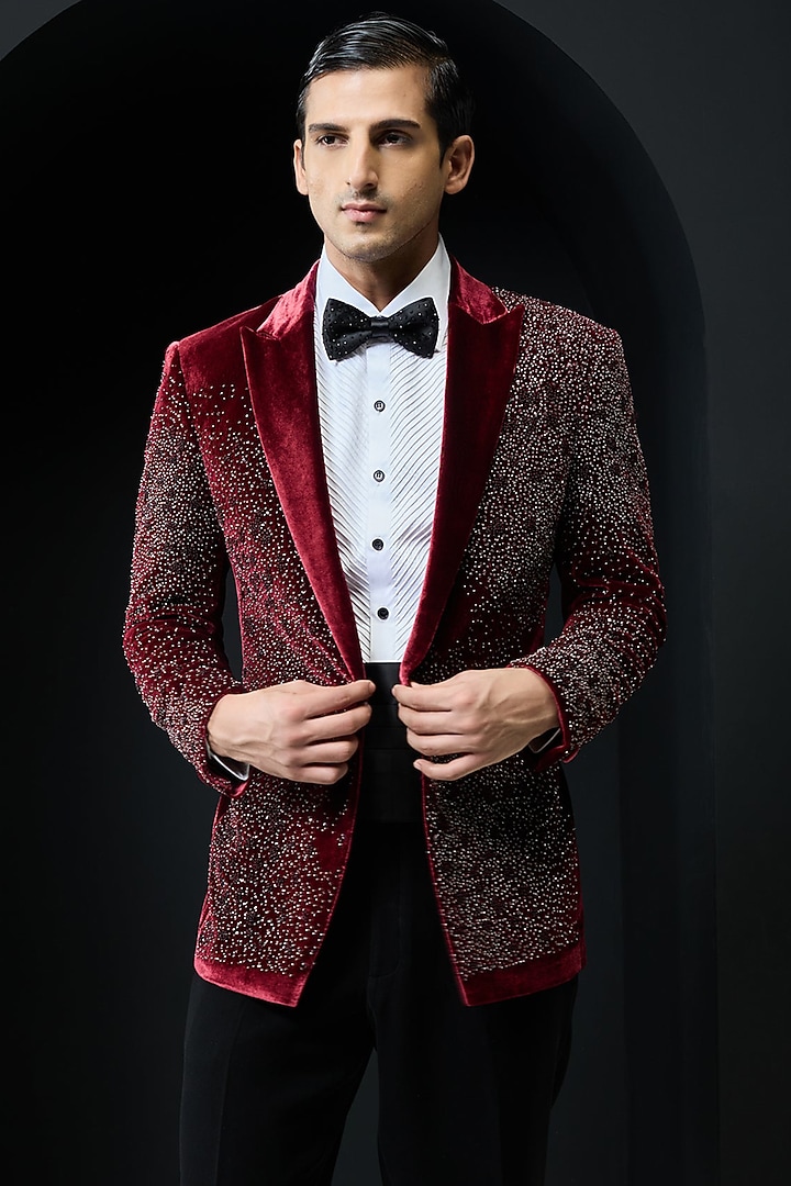 Wine Velvet Pearl Embroidered Tuxedo Set by Sarab Khanijou at Pernia's Pop Up Shop