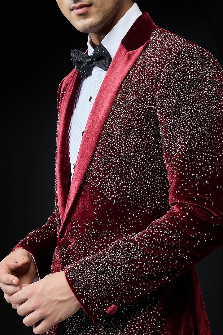 Wine Velvet Pearl Embroidered Tuxedo Set by Sarab Khanijou at Pernia's Pop Up Shop
