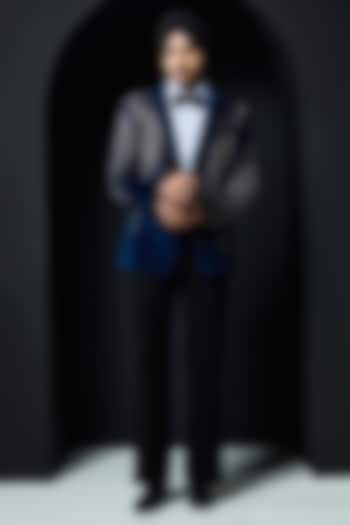 Teal Blue Velvet Cutdana Embroidered Tuxedo Set by Sarab Khanijou at Pernia's Pop Up Shop