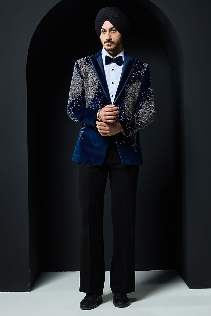 Teal Blue Velvet Cutdana Embroidered Tuxedo Set by Sarab Khanijou at Pernia's Pop Up Shop