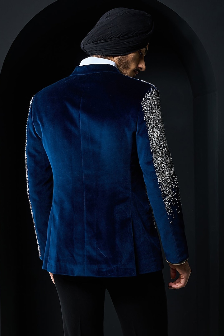 Teal Blue Velvet Cutdana Embroidered Tuxedo Set by Sarab Khanijou at Pernia's Pop Up Shop