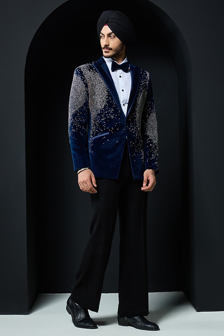 Teal Blue Velvet Cutdana Embroidered Tuxedo Set by Sarab Khanijou at Pernia's Pop Up Shop