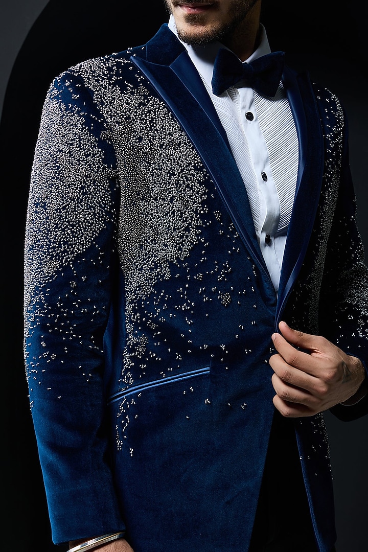 Teal Blue Velvet Cutdana Embroidered Tuxedo Set by Sarab Khanijou at Pernia's Pop Up Shop