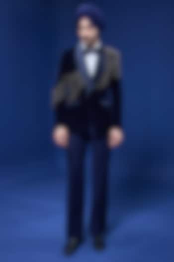 Navy Blue Velvet Pearl Embroidered Tuxedo Set by Sarab Khanijou at Pernia's Pop Up Shop