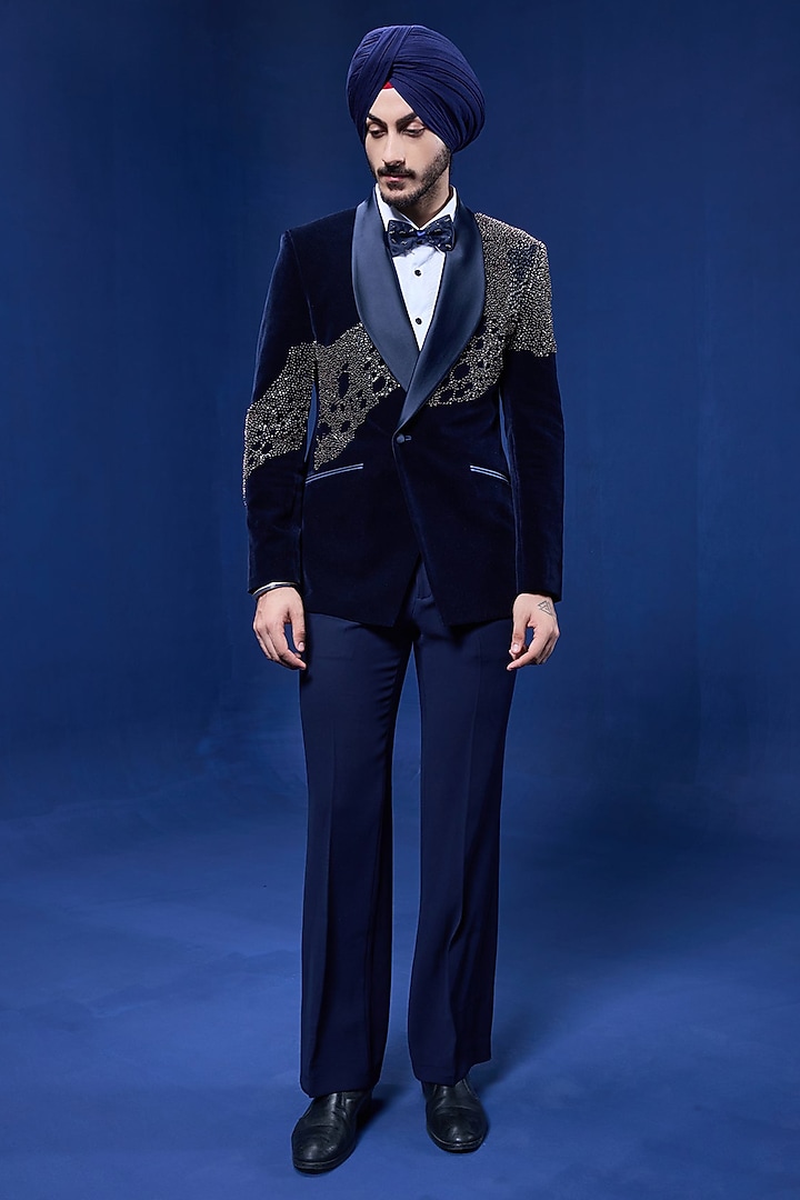 Navy Blue Velvet Pearl Embroidered Tuxedo Set by Sarab Khanijou at Pernia's Pop Up Shop