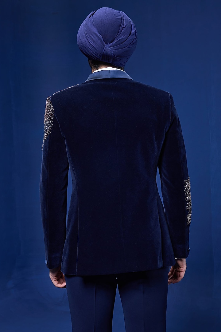 Navy Blue Velvet Pearl Embroidered Tuxedo Set by Sarab Khanijou at Pernia's Pop Up Shop