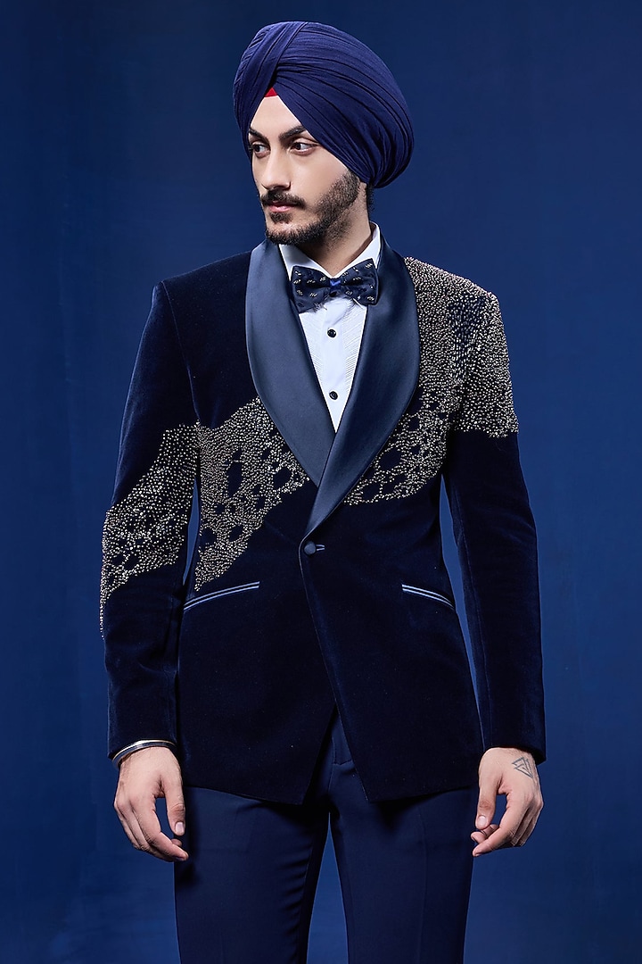 Navy Blue Velvet Pearl Embroidered Tuxedo Set by Sarab Khanijou at Pernia's Pop Up Shop