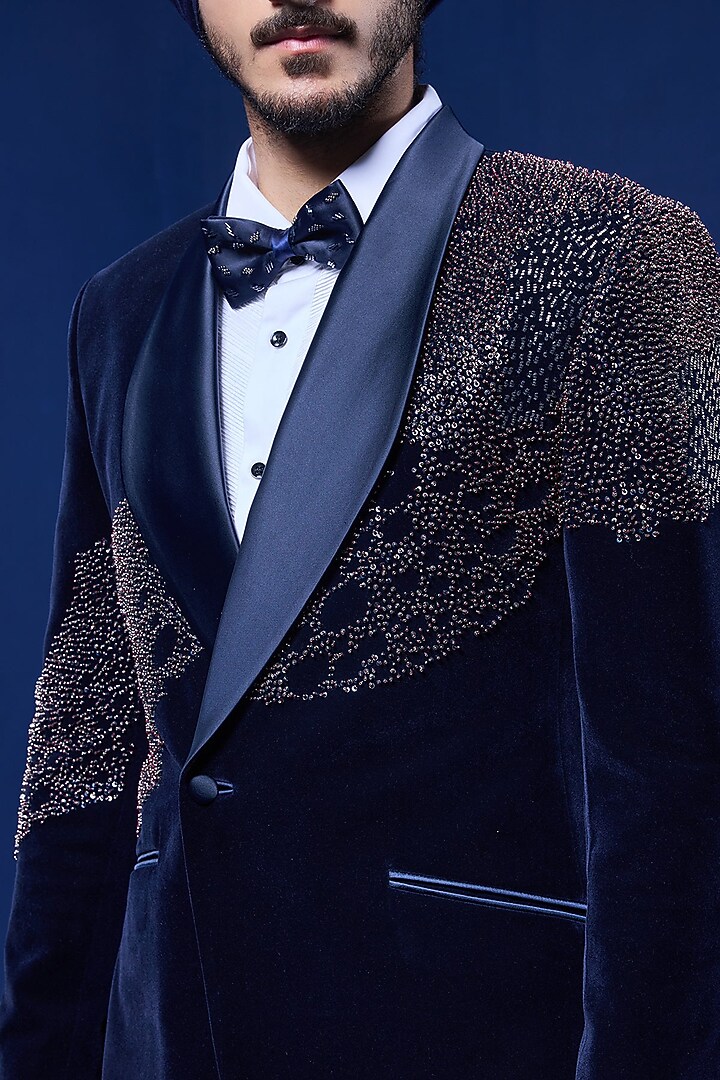 Navy Blue Velvet Pearl Embroidered Tuxedo Set by Sarab Khanijou at Pernia's Pop Up Shop