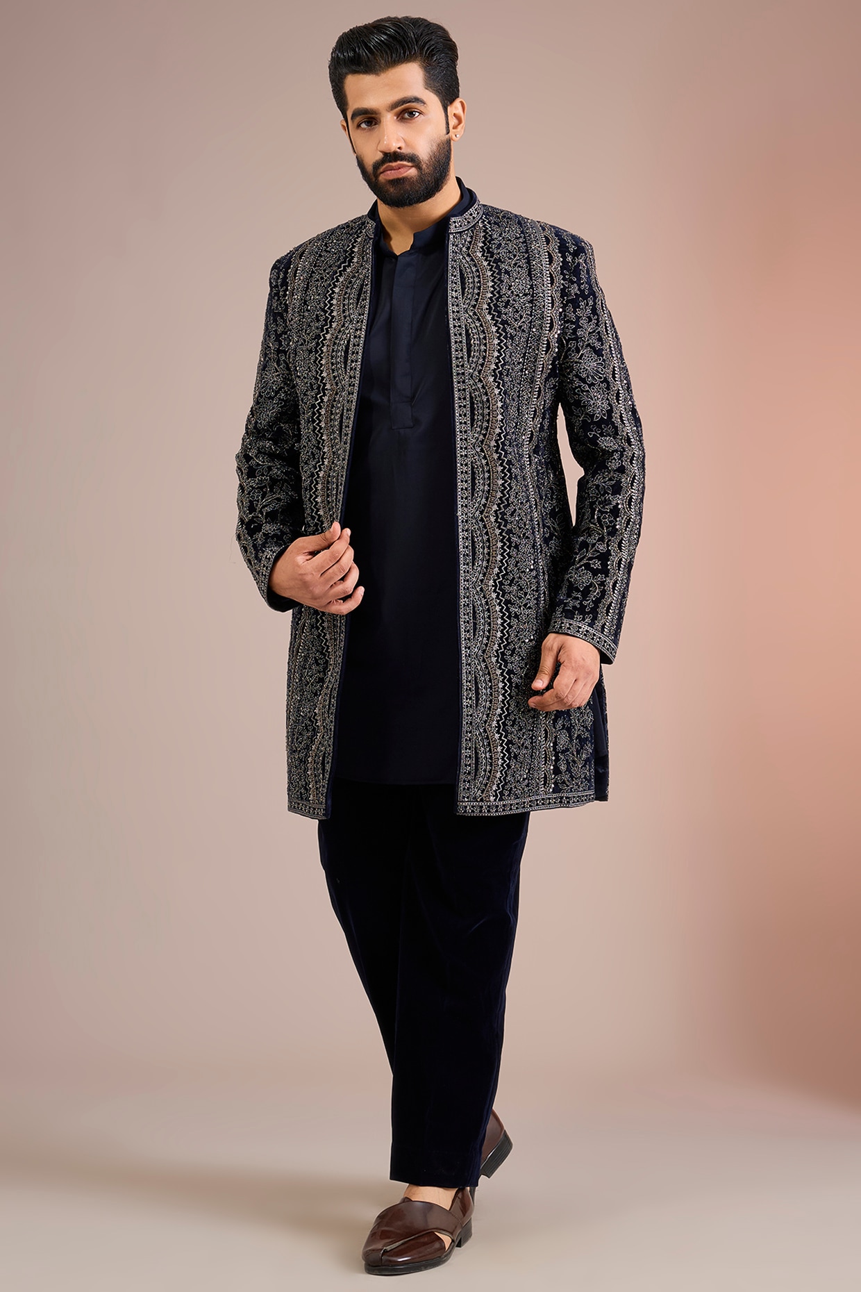 Sarab Khanijou Midnight Blue Velvet Indowestern Set