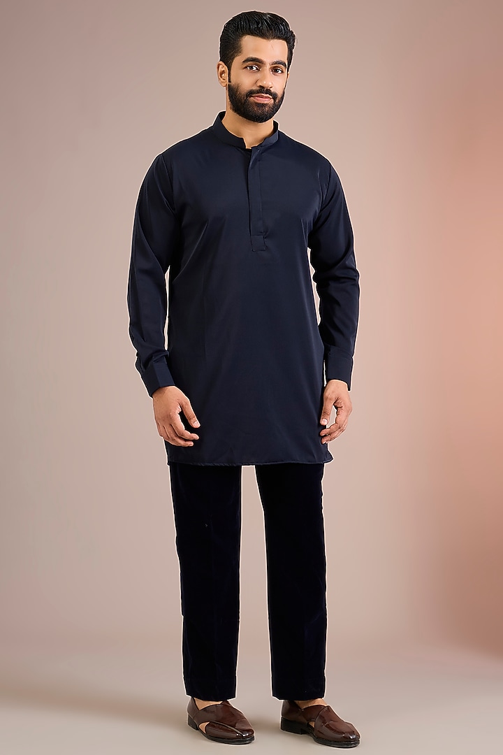 Midnight Blue Velvet Groom Indowestern Set by Sarab Khanijou at Pernia's Pop Up Shop